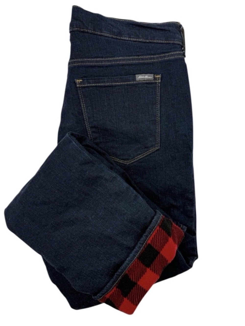Eddie Bauer Women’s Dark Indigo Jeans with Flannel Lined Red Buffalo Plaid